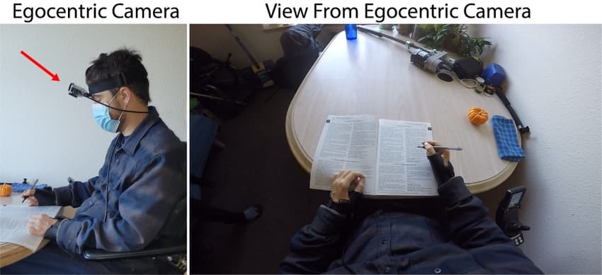 Head-mounted egocentric camera rig used in enterprise wearable video data collection programs for robot and embodied AI training data